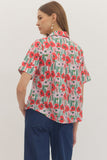 Red Floral Print Top w/ Gold Buttons T30771