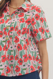 Red Floral Print Top w/ Gold Buttons T30771