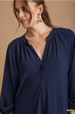 Umgee V-Notched Half Button & Pin-Tuck Detail Midi Dress- Navy