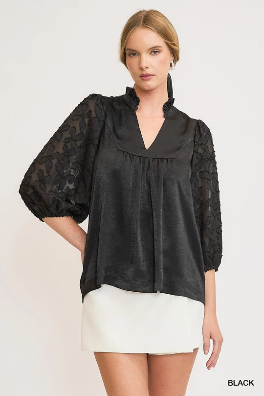 Umgee High Neck Satin Top- Black