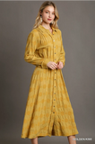 Umgee Regular Washed Solid Dotted Jacquard Collared V-Neck Maxi Dress with Elastic & Fray Details- Golden Kiwi