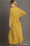 Umgee Regular Washed Solid Dotted Jacquard Collared V-Neck Maxi Dress with Elastic & Fray Details- Golden Kiwi