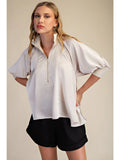 Mock Neck Band Half Zip Puff Elbow Sleeve Blouse- Cream T8222
