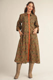 3/4 Sleeve Button Down Floral Dress-Olive/Toffee H51223
