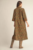 3/4 Sleeve Button Down Floral Dress-Olive/Toffee H51223