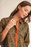 3/4 Sleeve Button Down Floral Dress-Olive/Toffee H51223