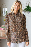 Leopard Puff Sleeve Button Up Chiffon Blouse