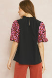 Black Solid Mock Neck Puff Sleeve Top