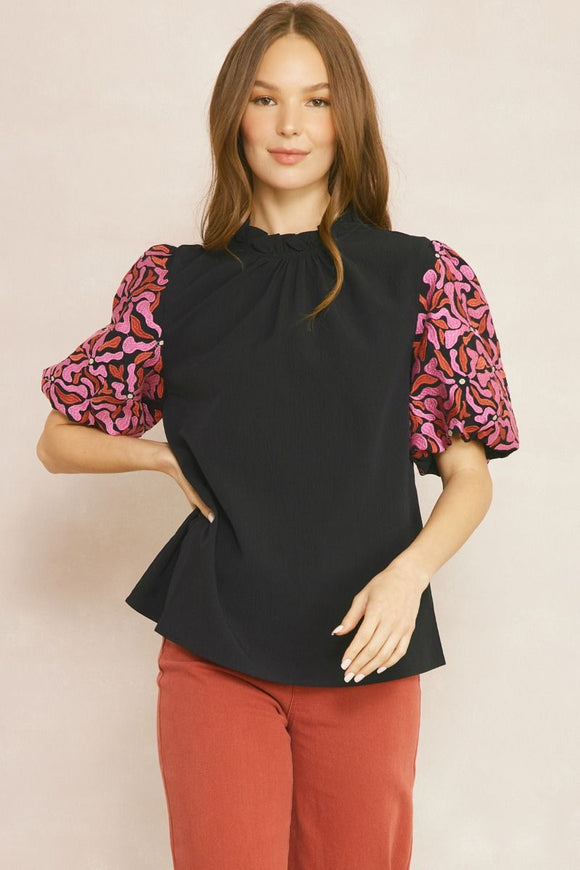 Black Solid Mock Neck Puff Sleeve Top