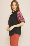 Black Solid Mock Neck Puff Sleeve Top