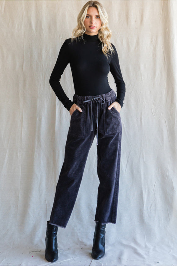 Charcoal Corduroy Belted Drawstring Pants