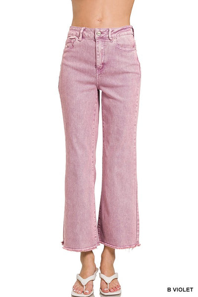 【YOURNUS】Violet Wide Denim Pants Zenana Acid Wash High Waist Frayed Hem Bootcut Pants- B