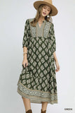 Green Abstract Border Print Midi Dress K0531