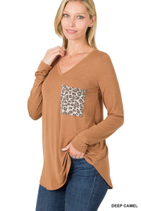Camel V-Neck Leopard Pocket Top