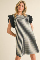 Striped Print Dress w/ U-Neck- Black G12539