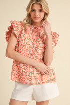 Orange Print Top w/ Frill Neck G8615