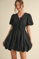 Black Solid V-Neck Bubble Dress