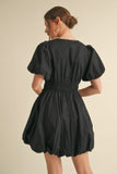 Black Solid V-Neck Bubble Dress