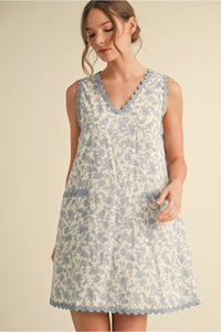 Blue Floral Print V-Neck Dress G13621