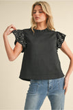 Black Textured Top w/ Pearl Detail