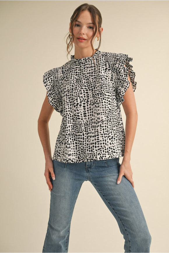 Black Print Top w/ Frill Neck G8615