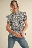 Black Print Top w/ Frill Neck G8615