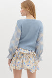 Blue Embroidered Sleeve Sweater
