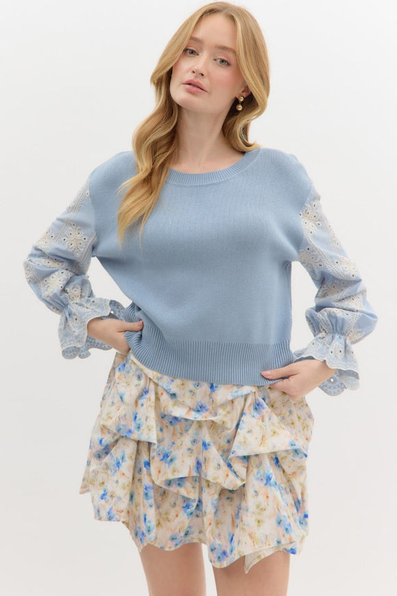 Blue Embroidered Sleeve Sweater