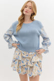 Blue Embroidered Sleeve Sweater