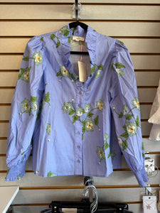 Blue Floral Print Ruffle Neck Top