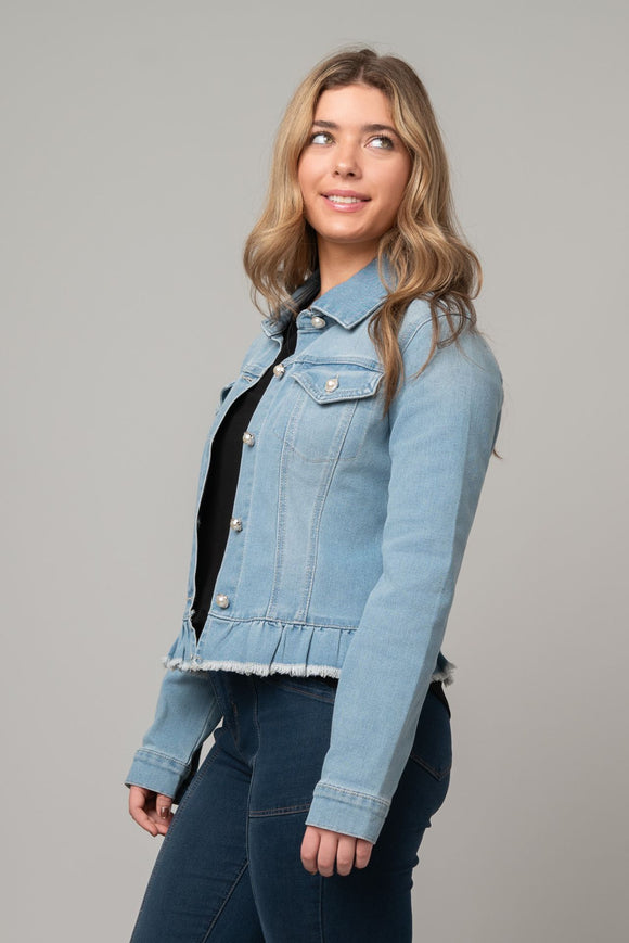 PEPLUM HEM DENIM JACKET W/ NOVELTY BUTTONS