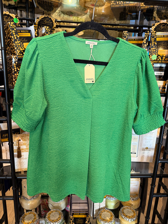 Green V-Neck Top w/ Crinkle Detail H12285