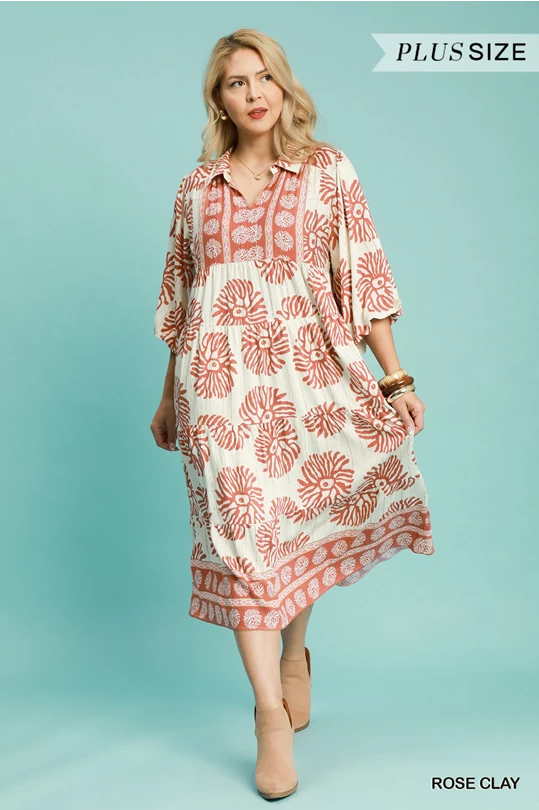 Rose Clay Border Print Tiered Dress