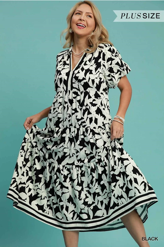 Black Botanical Print Tiered Dress