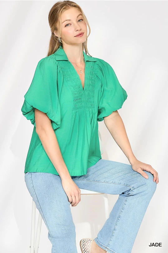 Jade Bubble Sleeve Top w/ Smock Yoke