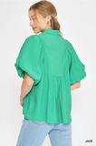 Jade Bubble Sleeve Top w/ Smock Yoke