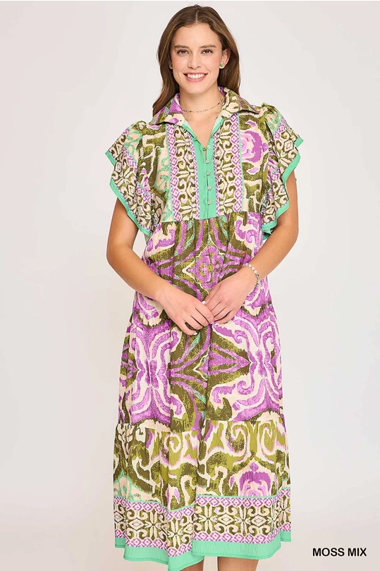 Moss Mix Print MIDI Dress