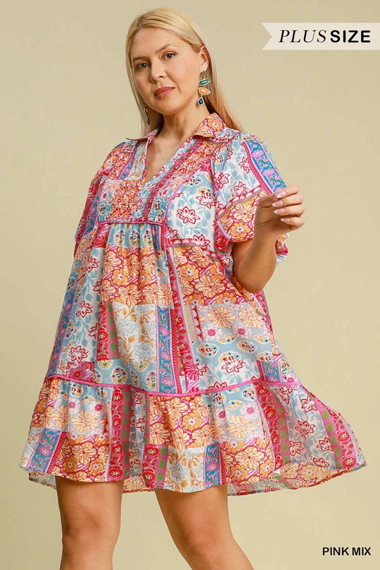 Pink Mix Patchwork Print Dress WK9402