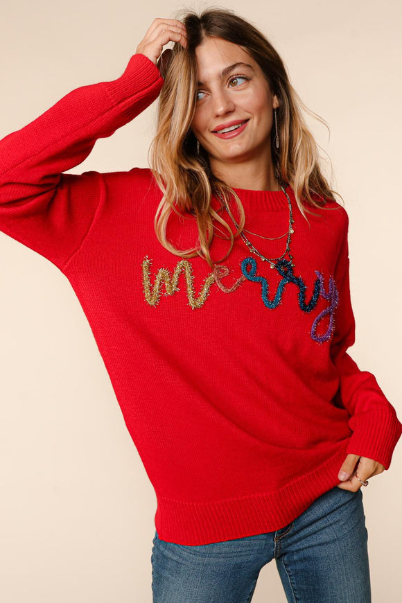 Merry Metallic Glitter Yarn Letter Sweater