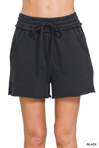 FLEECE RAW HEM SHORTS WITH DRAW STRING- Black