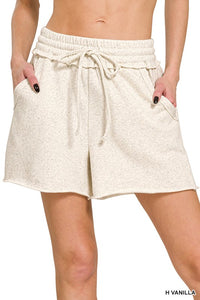 FLEECE RAW HEM SHORTS WITH DRAW STRING- H. Vanilla