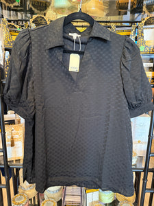 Black Textured V-Neck Collared Top