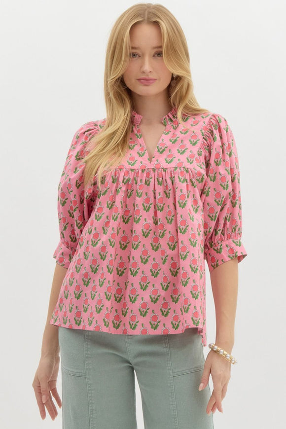 Pink Floral Print Puff Sleeve Top