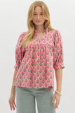 Pink Floral Print Puff Sleeve Top