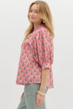 Pink Floral Print Puff Sleeve Top
