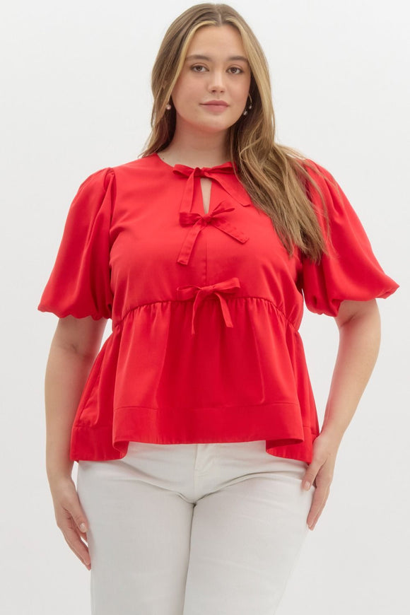 Red Puff Sleeve Peplum Top T24958