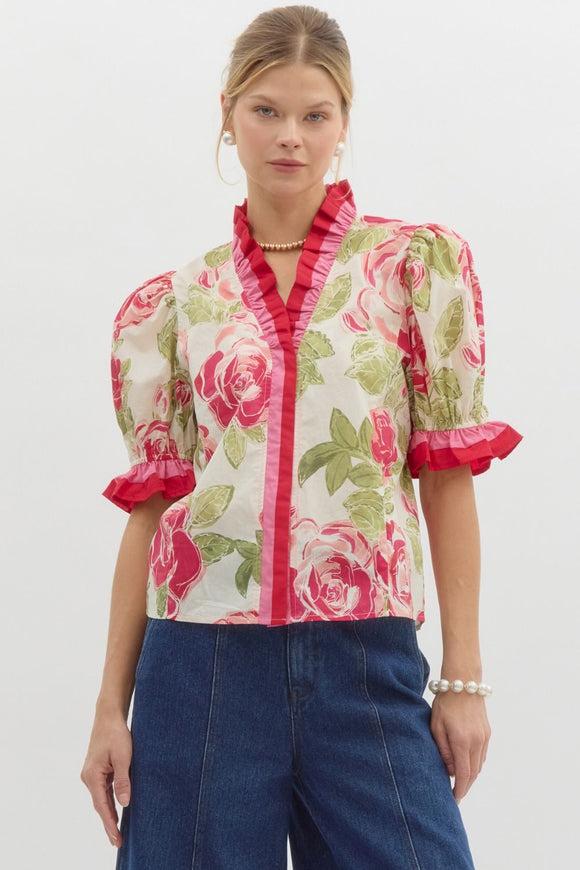 Pink Floral Print Puff Sleeve Top
