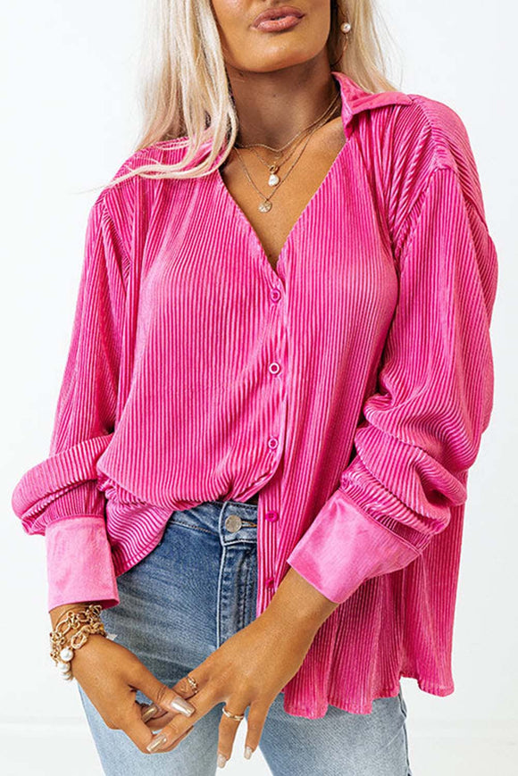Pink V-Neck Collared Button Pleated Top