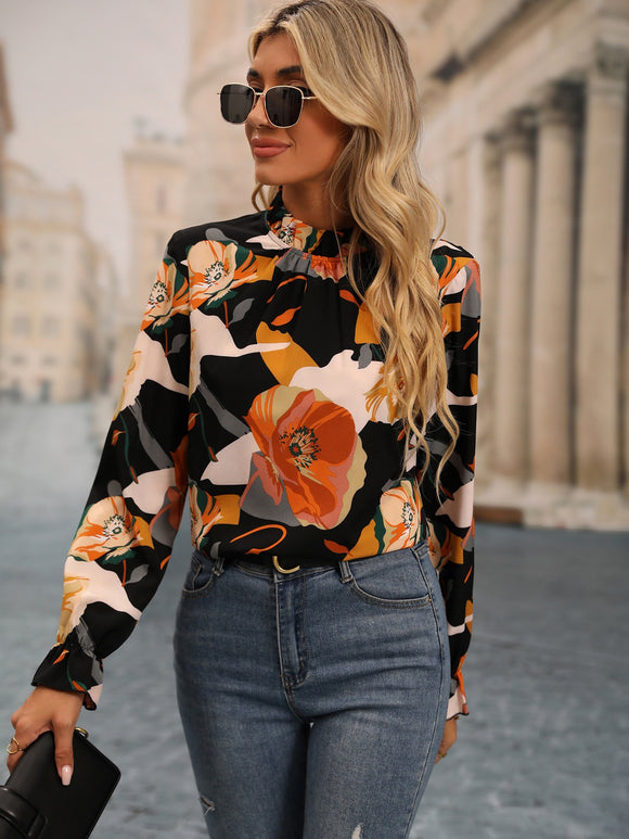 Floral Print Flounce Sleeve Blouse