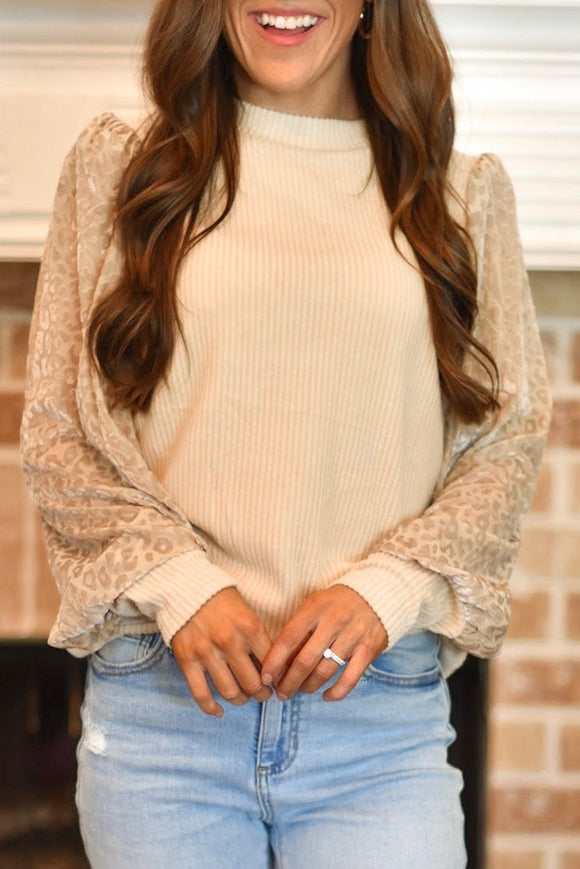 Leopard Print Ribbed Knit Blouse